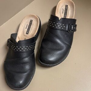 Clarks Black Leather Mules with Buckle Detail